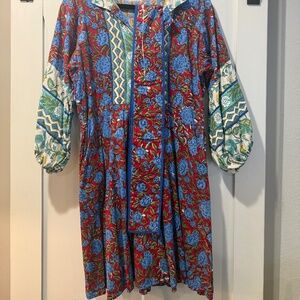 Sue Sartor Flounce Dress Size M – Vibrant Hand-Block Print Floral cotton, puff s